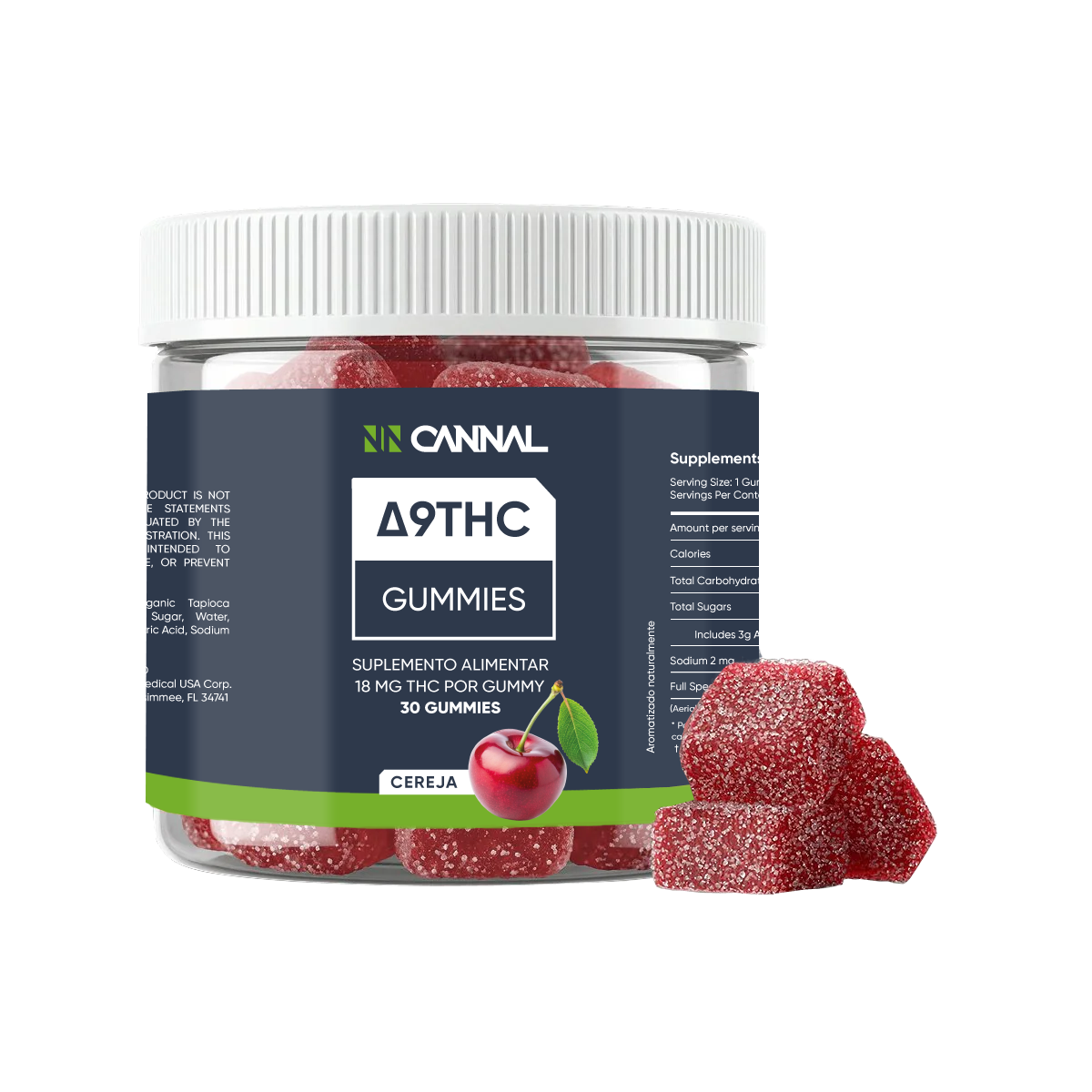 Cannal cherry gummies packaging with gummies beside the jar